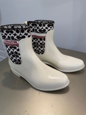 Coach Cream Glossy Rain Ankle Boots with Monogram Knit Cuff